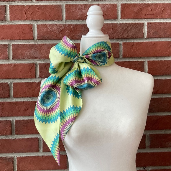 •Silk multicolor graphic scarf head hair wrap belt 64”x4.5” - Picture 1 of 8